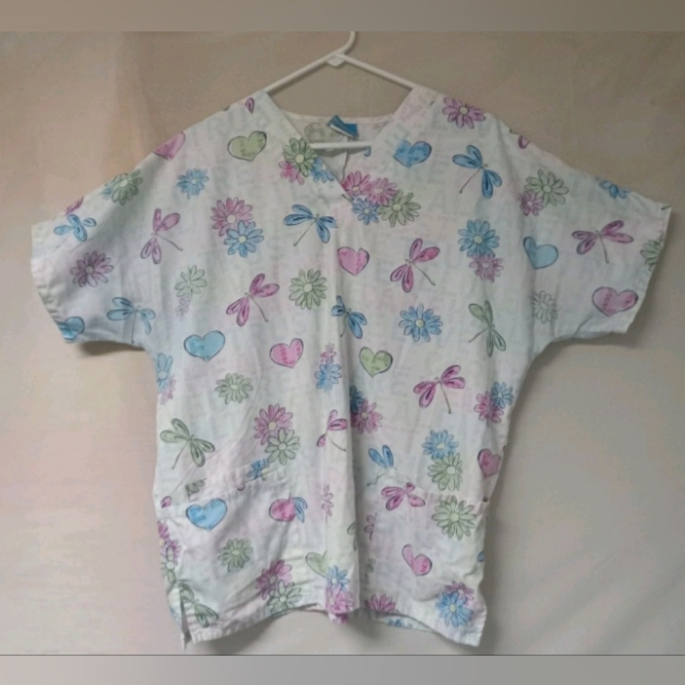 Charming Floral and Heart Short Sleeve Scrub Top